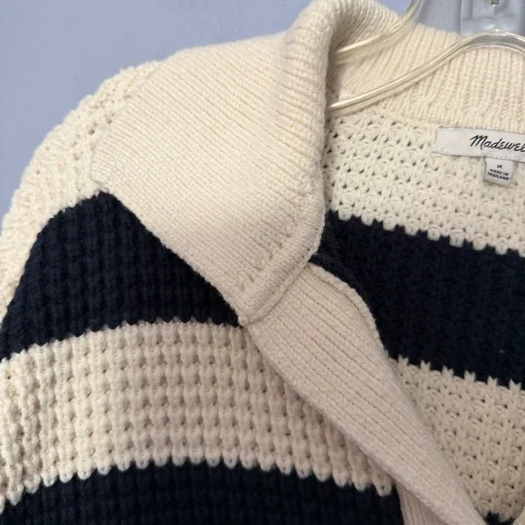 Madewell Antique Cream Striped Waffle-Knit Henley Sweater Size M Relaxed Fit - Picture 13 of 16